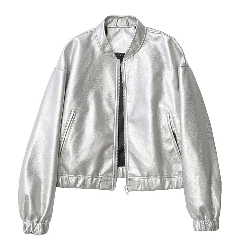 Veste en Cuir Argenté Zippé Femme – Style Biker et Streetwear