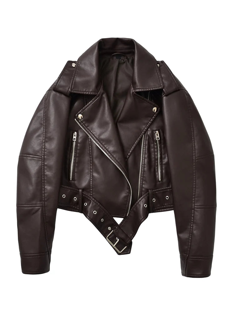 Veste en Cuir Ceinturée Femme – Style Rétro Moto Vintage Marron Chocolat