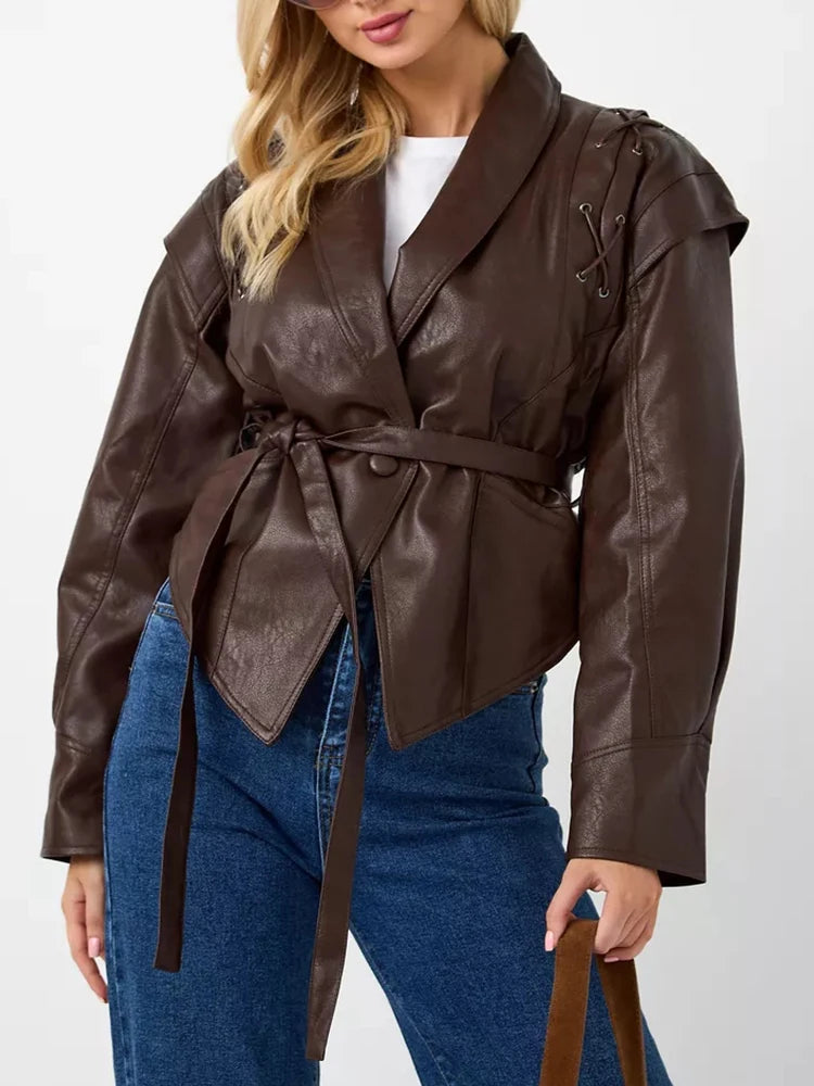 Veste en Cuir Vintage pour Femme – Style unique avec Ceinture