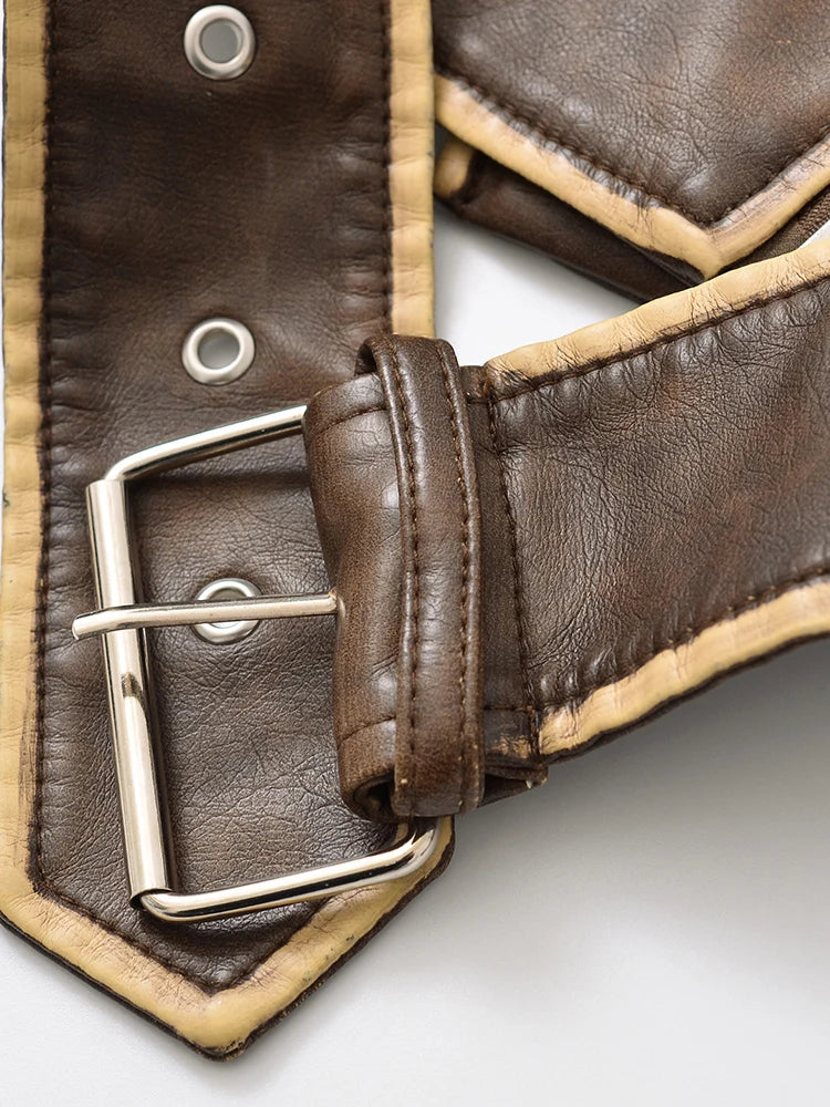 Veste en Cuir Ceinturée Femme – Style Rétro Moto Vintage Marron