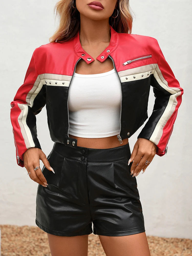 Veste Femme Courte en Similicuir – Style Vintage Moto Biker avec Rivets