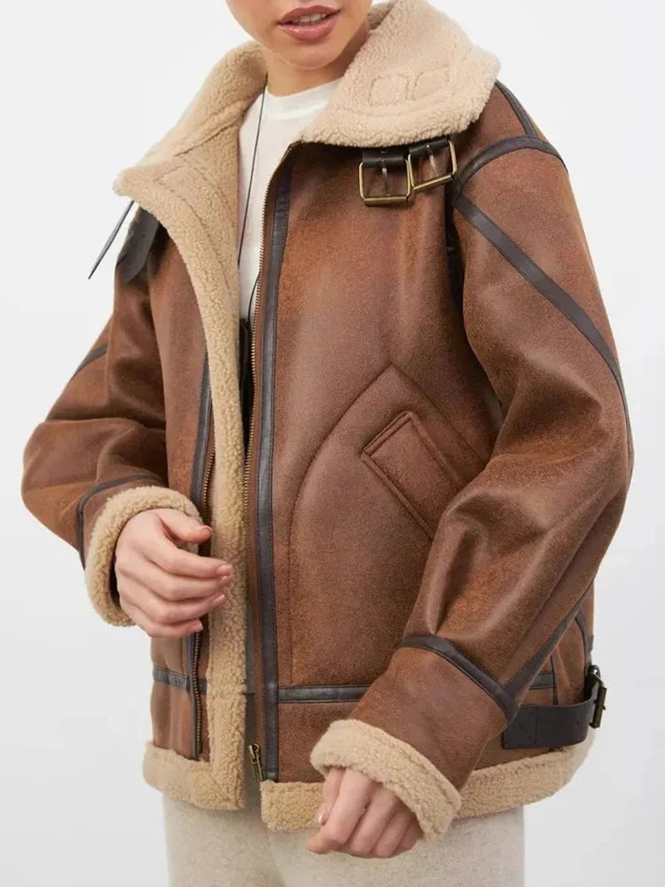 Manteau en Cuir et Fourrure Vintage Femme – Épais, Chaud et Confortable
