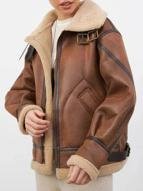 Manteau en Cuir et Fourrure Vintage Femme – Épais, Chaud et Confortable