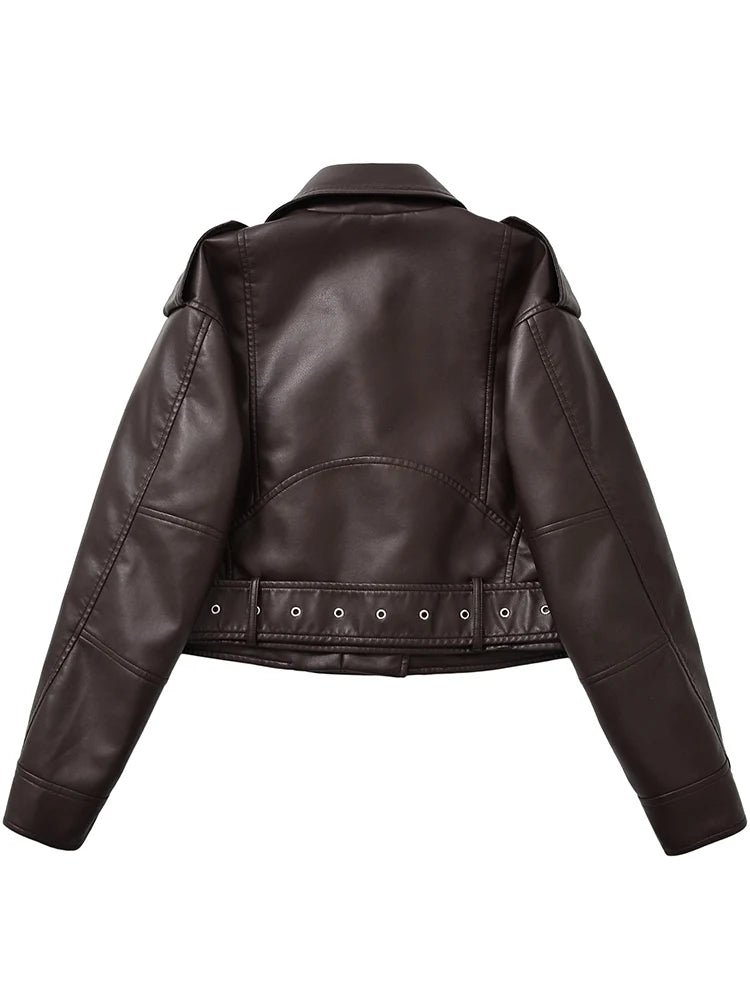 Veste en Cuir Ceinturée Femme – Style Rétro Moto Vintage Marron Chocolat
