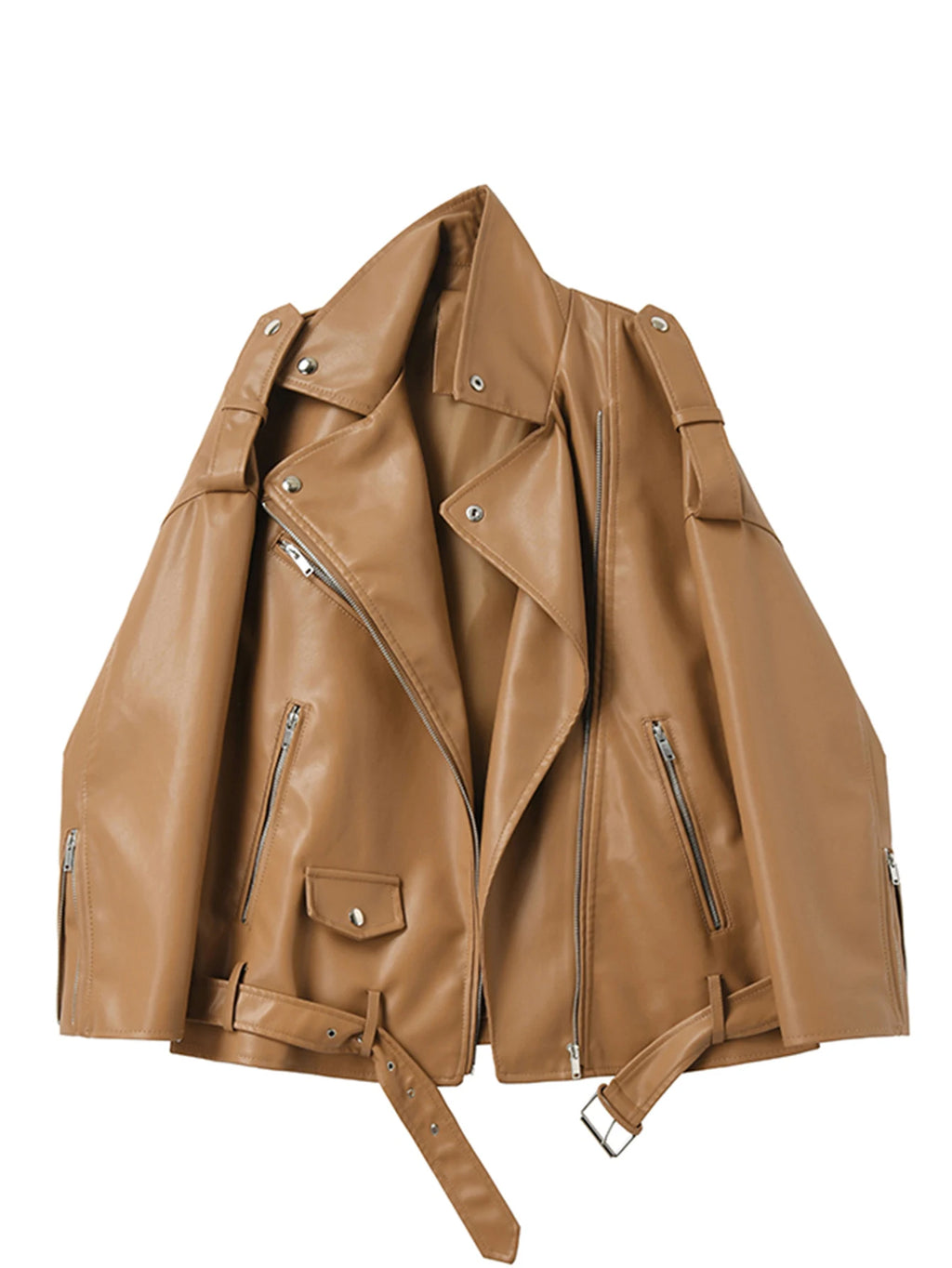 Veste Biker Noire en Similicuir avec Ceinture pour Femme