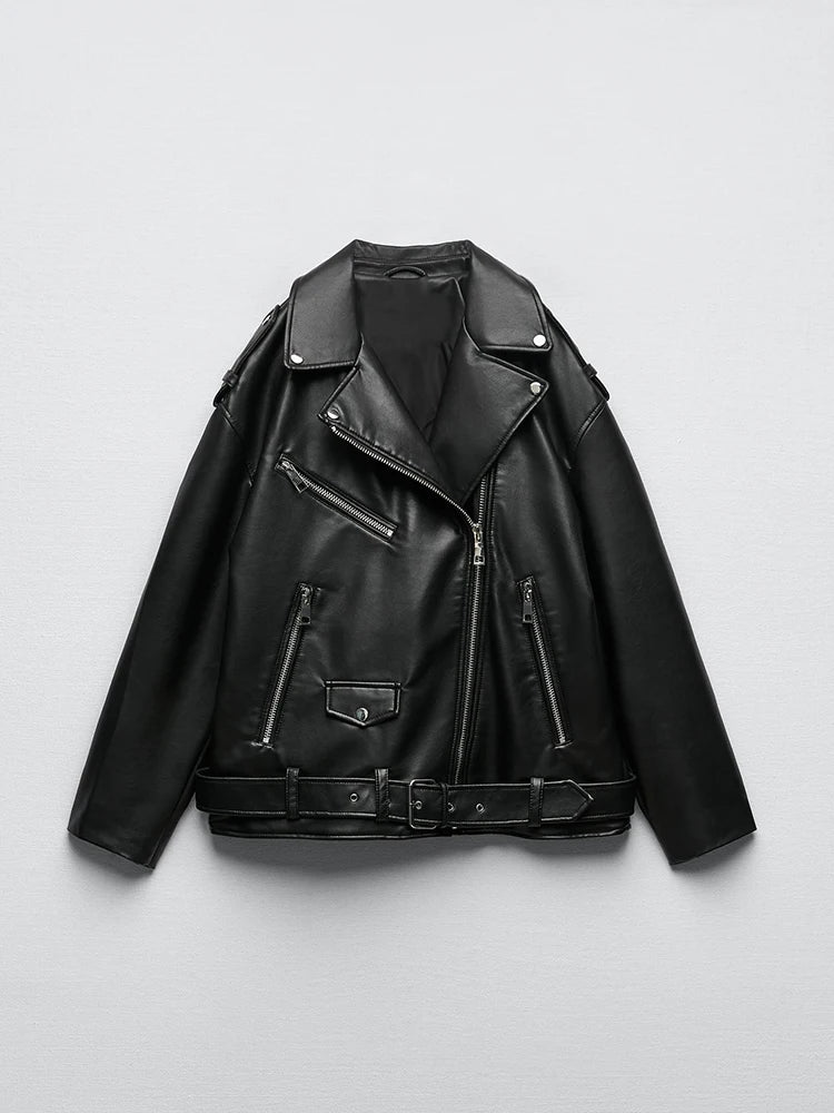 Veste Biker Noire en Similicuir avec Ceinture pour Femme