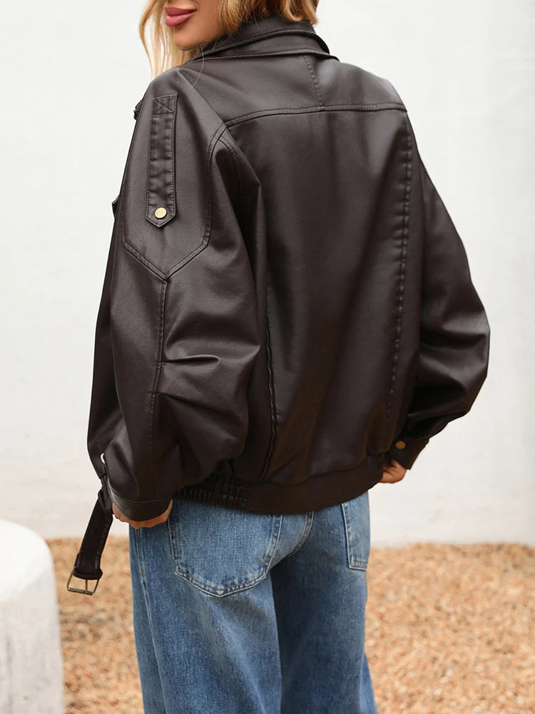 Veste en Cuir Streetwear Vintage à Fermeture Éclair pour Femme