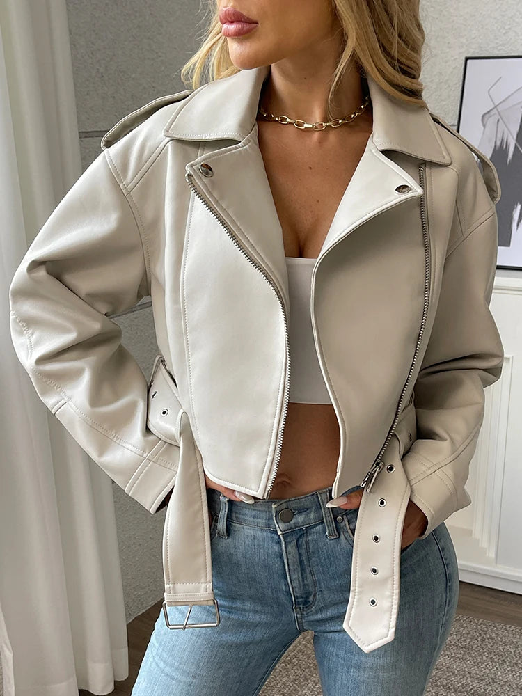 Veste en Cuir Ceinturée Femme – Style Rétro Moto Vintage Beige