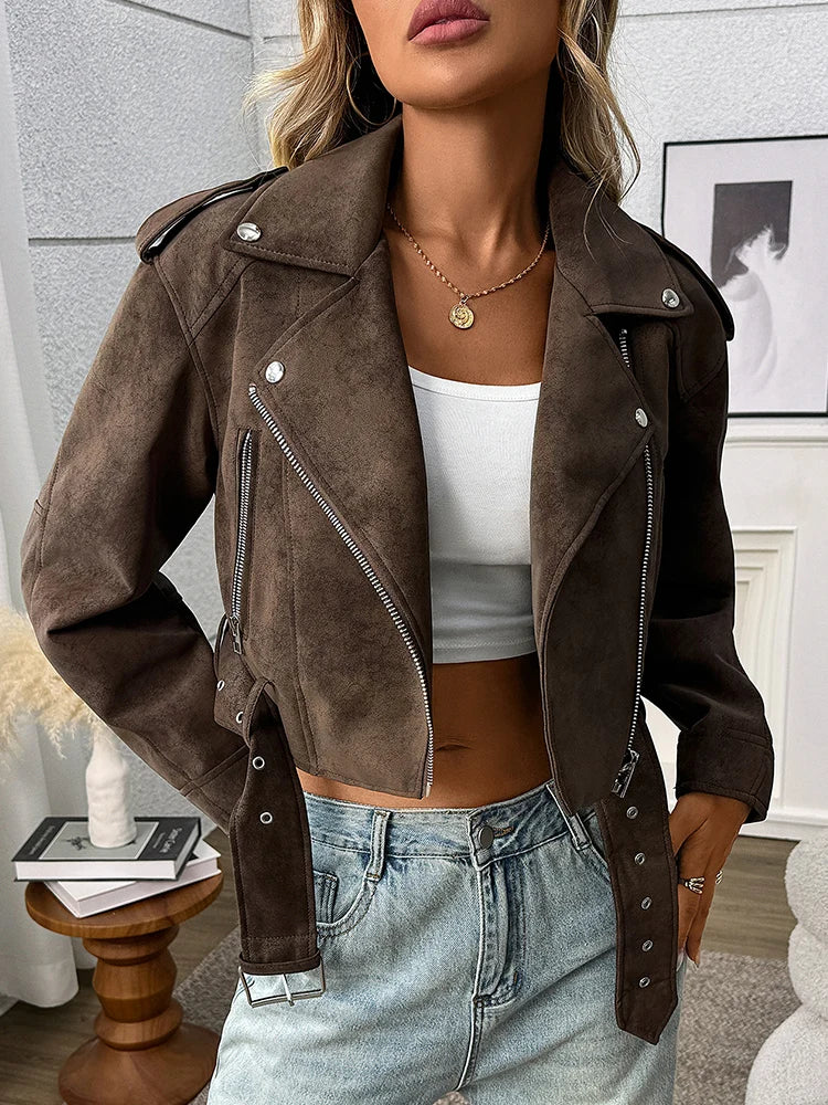 Veste en Cuir Marron Ceinturée Femme – Style Rétro Vintage