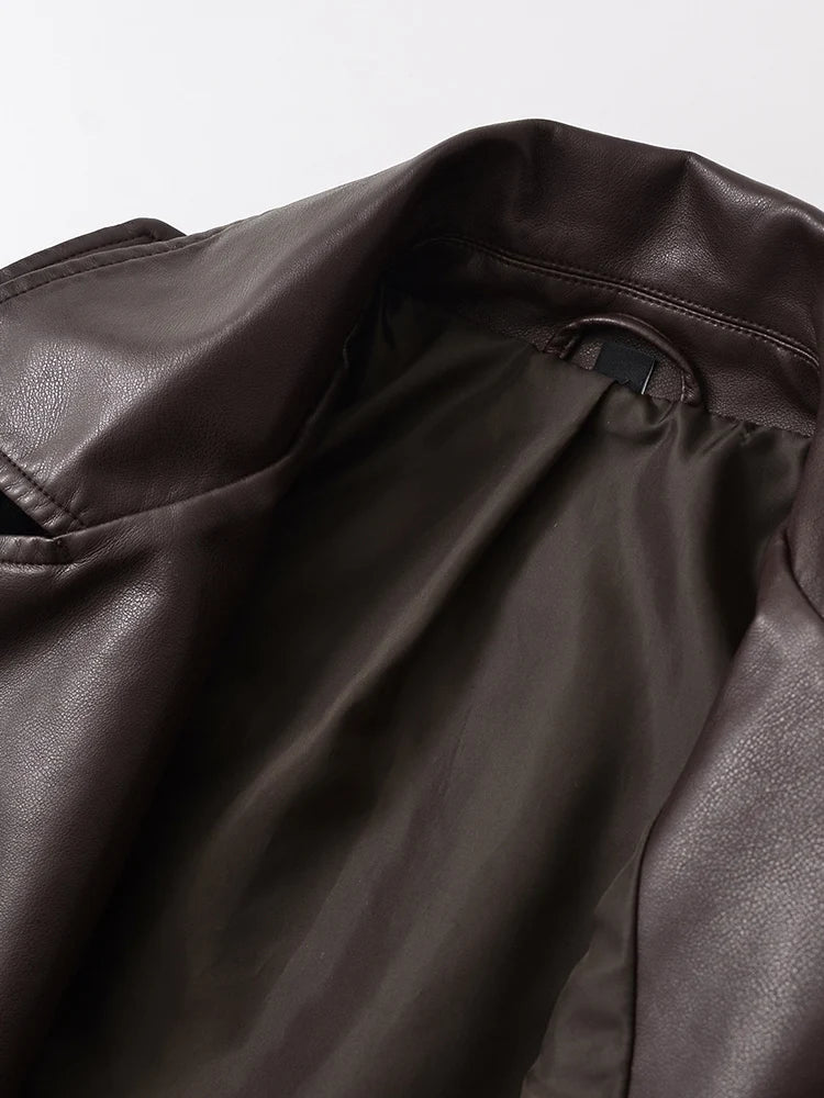 Veste en Cuir Ceinturée Femme – Style Rétro Moto Vintage Marron Chocolat