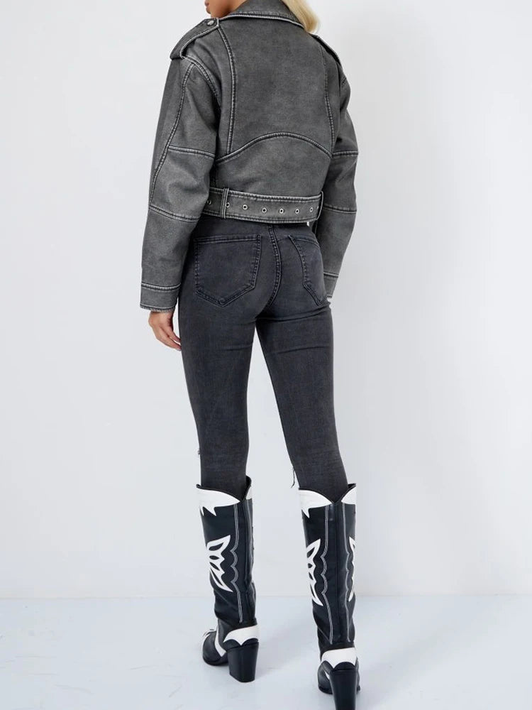 Veste en Cuir Ceinturée Femme Gris Délavé – Vintage