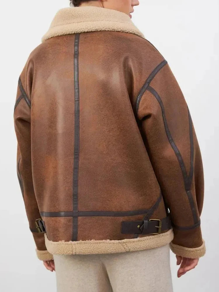 Manteau en Cuir et Fourrure Vintage Femme – Épais, Chaud et Confortable