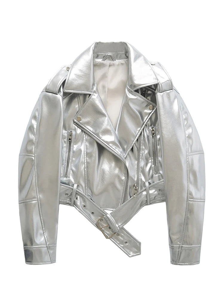 Veste en Simili Cuir argenté Streetwear à Ceinture pour Femme