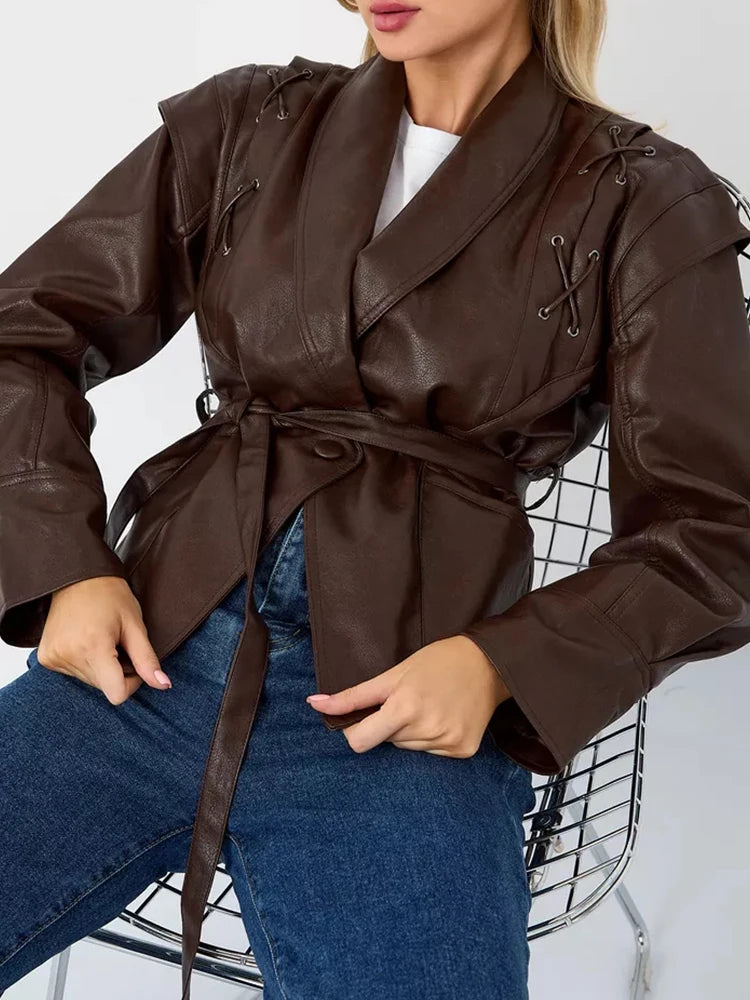 Veste en Cuir Vintage pour Femme – Style unique avec Ceinture