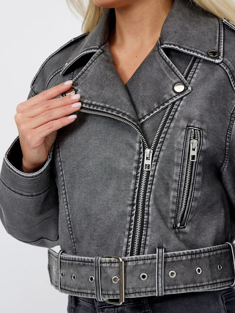 Veste en Cuir Ceinturée Femme Gris Délavé – Vintage