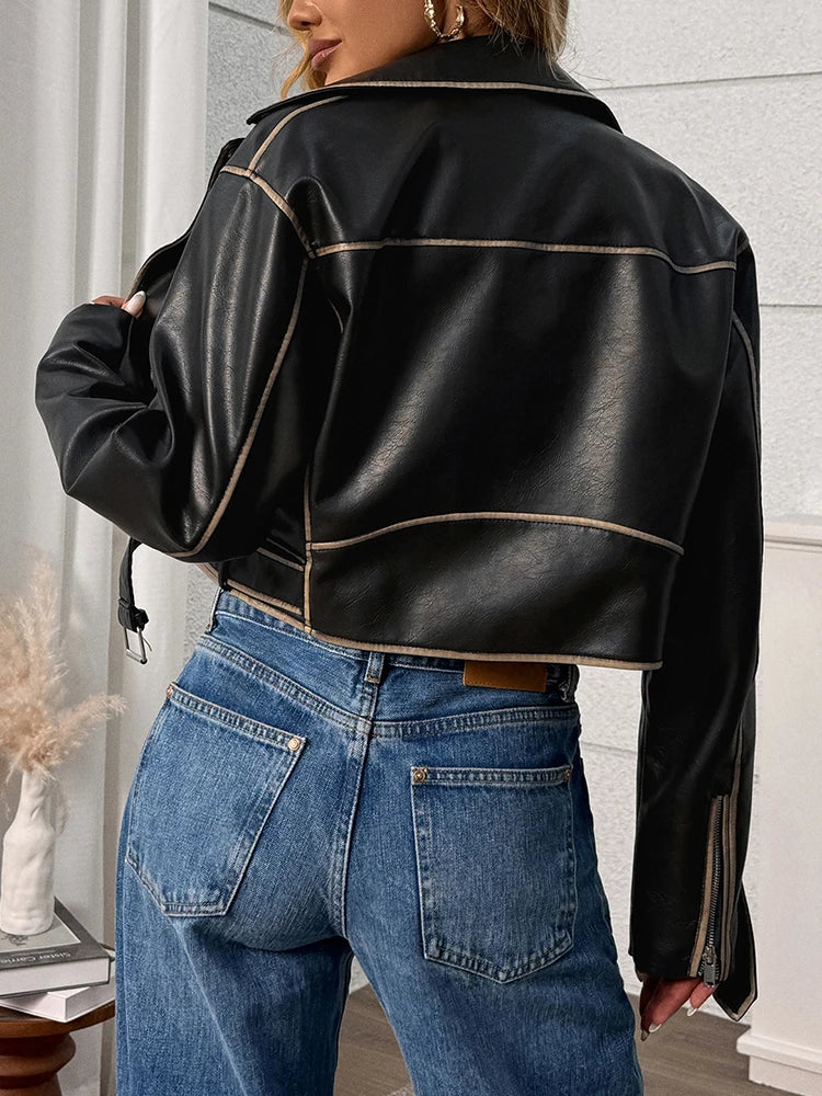 Veste en Cuir Ceinturée Femme – Style Rétro Moto Vintage Noir