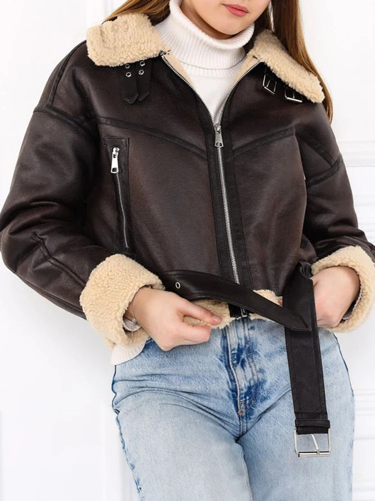 Veste Streetwear en Cuir et Fausse Fourrure Zippée pour Femme