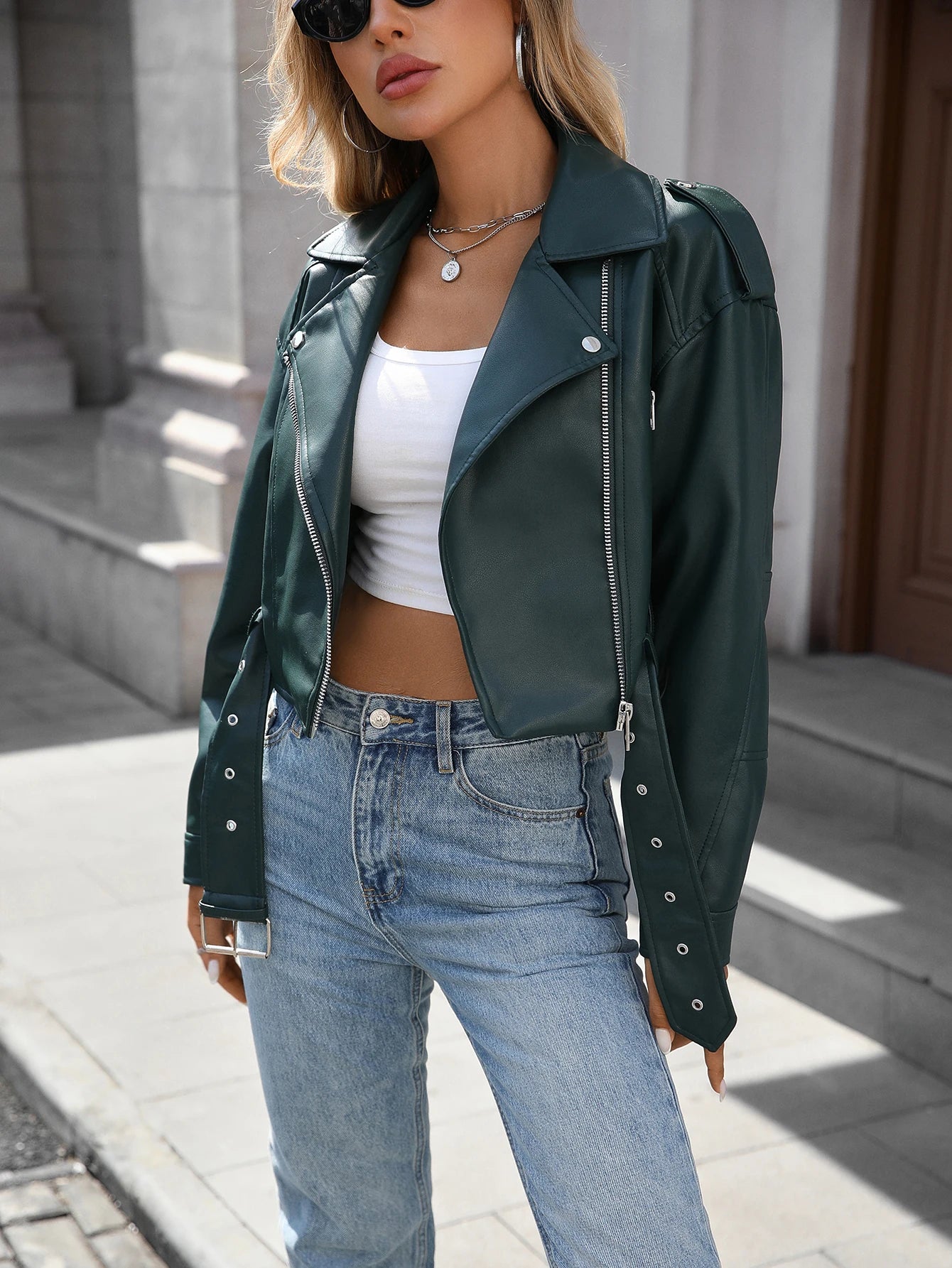 Veste en Cuir Ceinturée Femme – Style Rétro Moto Vintage