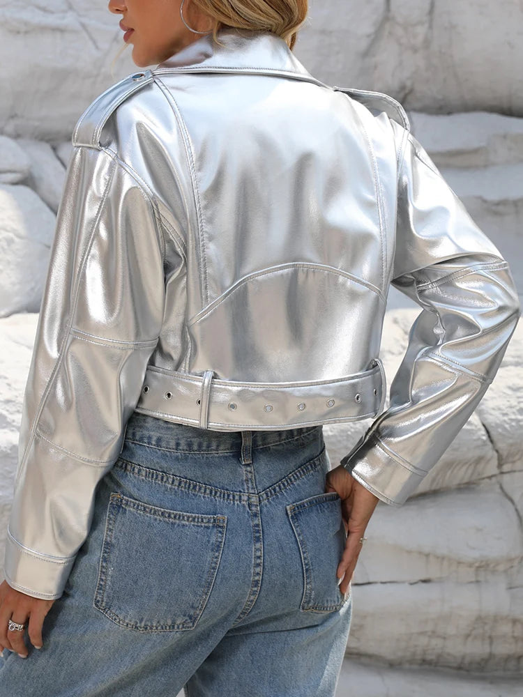 Veste en Simili Cuir argenté Streetwear à Ceinture pour Femme