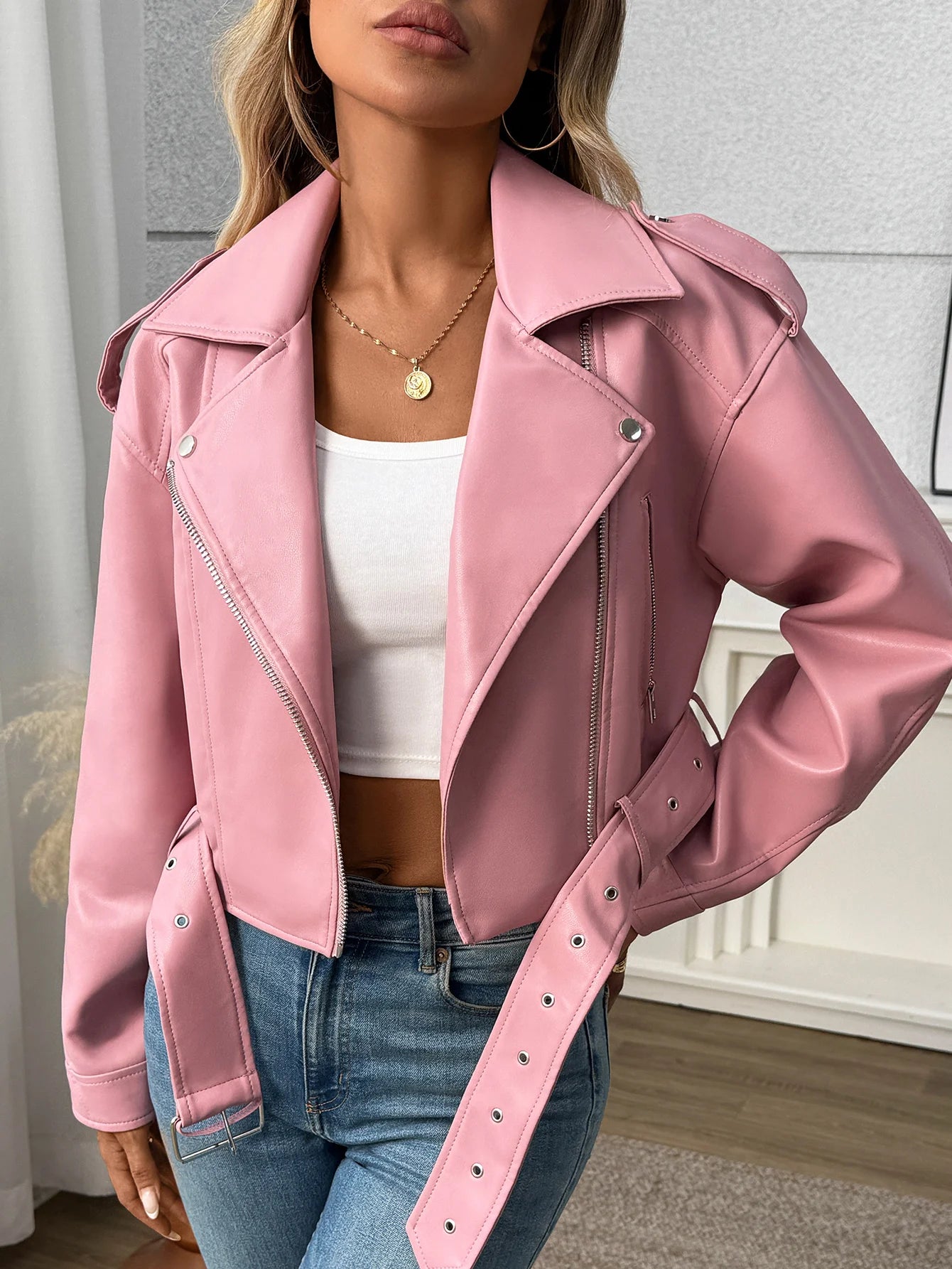Veste en Cuir Ceinturée Femme – Style Rétro Moto Vintage