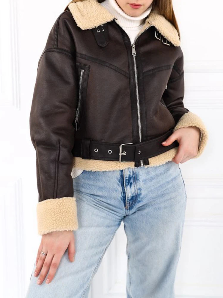 Veste Streetwear en Cuir et Fausse Fourrure Zippée pour Femme
