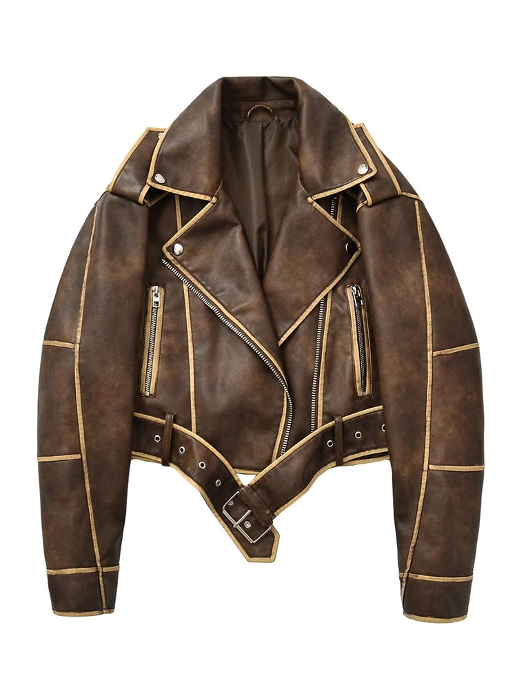 Veste en Cuir Ceinturée Femme – Style Rétro Moto Vintage Marron