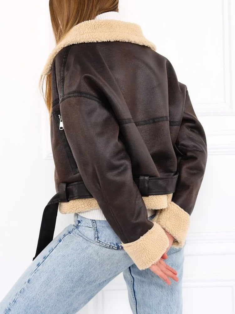 Veste Streetwear en Cuir et Fausse Fourrure Zippée pour Femme