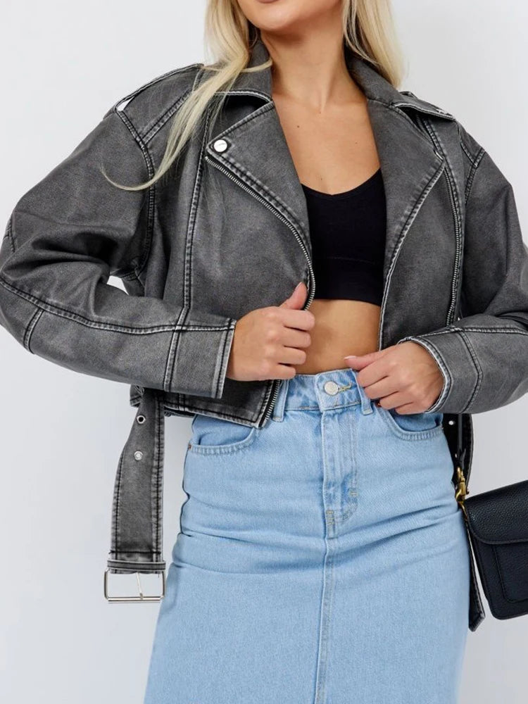 Veste en Cuir Ceinturée Femme Gris Délavé – Vintage