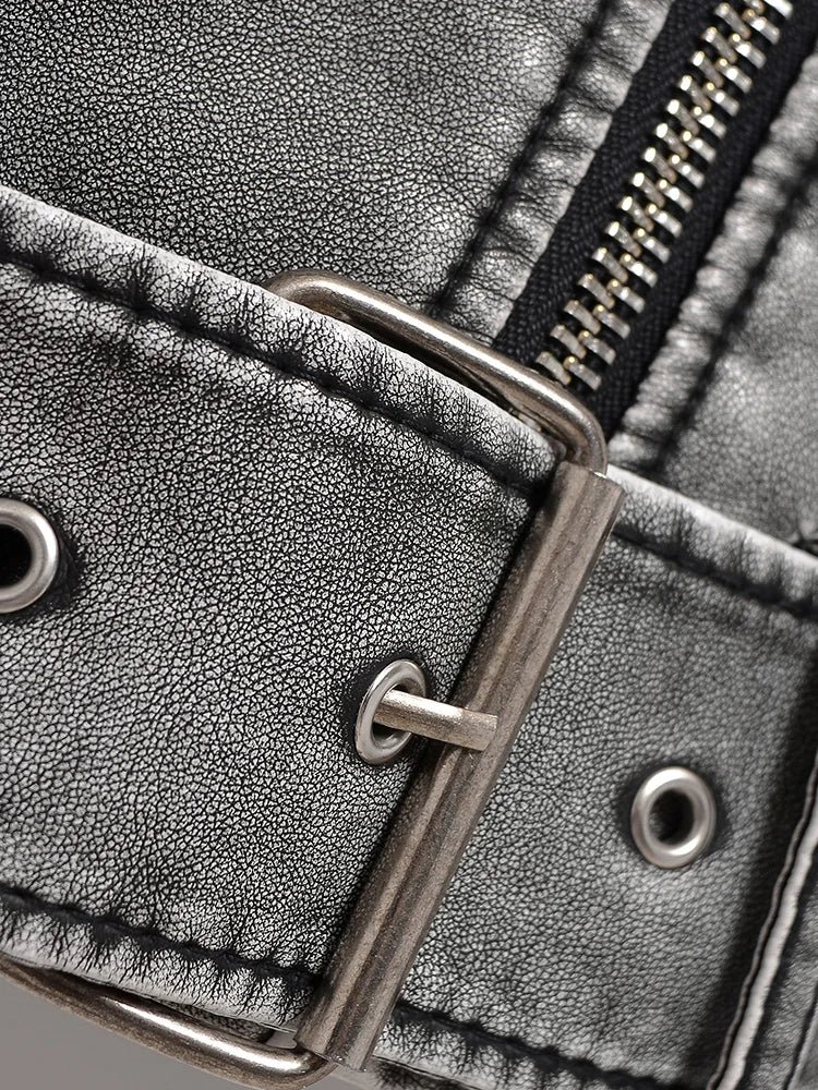 Veste en Cuir Gris Vintage Zippée Femme – Style Rétro Urbain