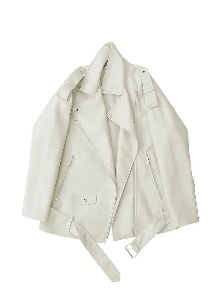 Veste Biker Noire en Similicuir avec Ceinture pour Femme