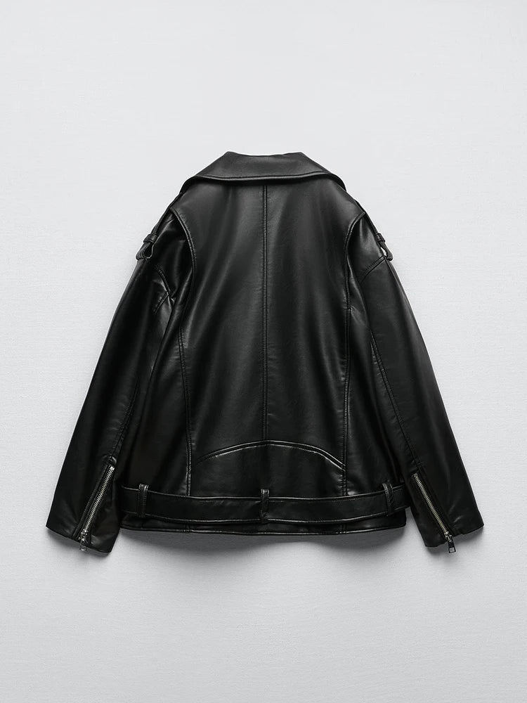 Veste Biker Noire en Similicuir avec Ceinture pour Femme
