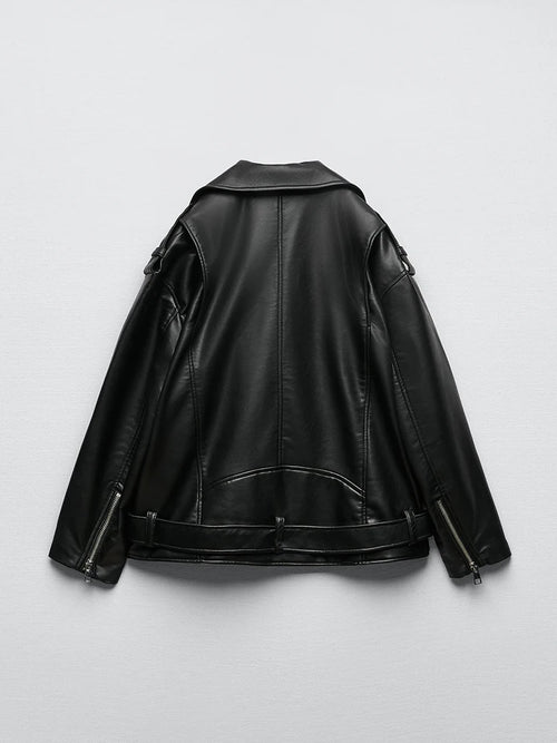 Veste Biker Noire en Similicuir avec Ceinture pour Femme