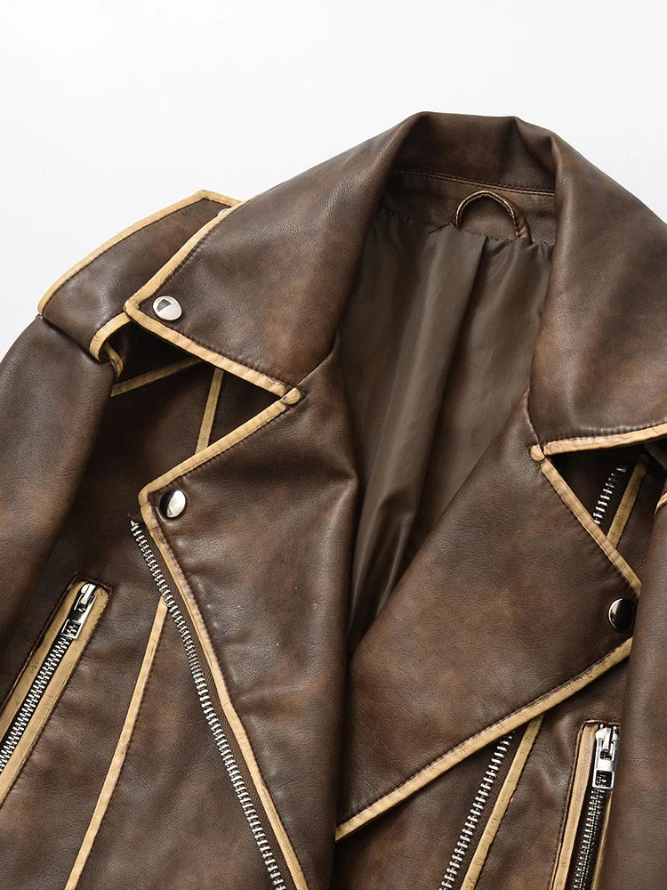 Veste en Cuir Ceinturée Femme – Style Rétro Moto Vintage Marron