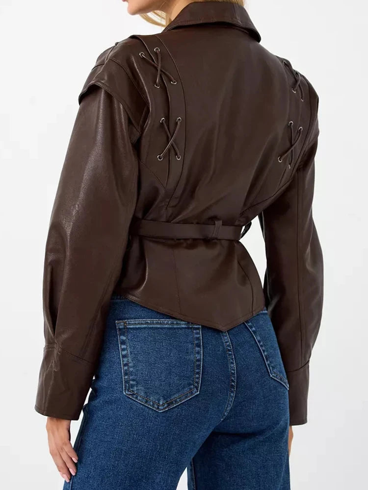 Veste en Cuir Vintage pour Femme – Style unique avec Ceinture