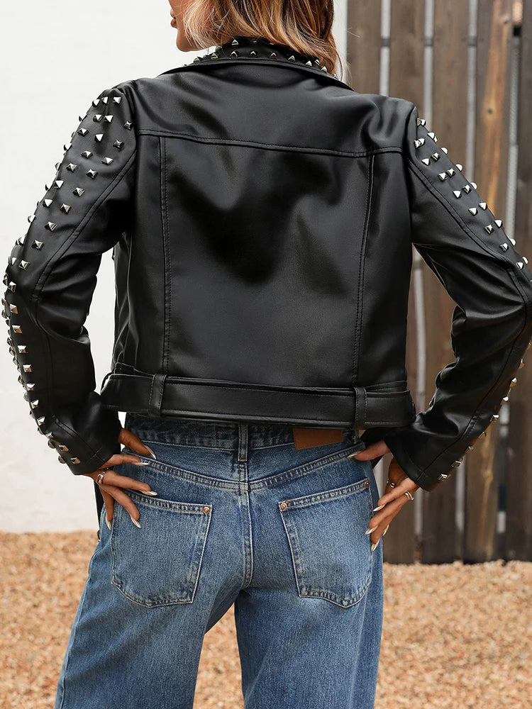 Veste Biker en Simili Cuir Noir à Rivets pour Femme