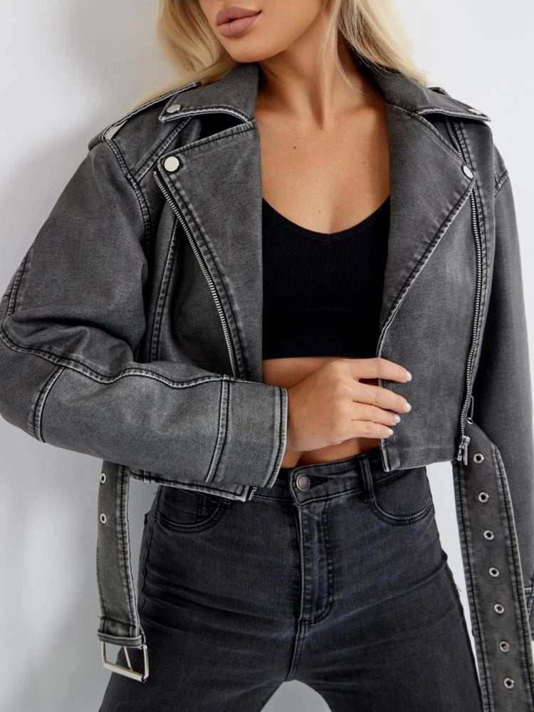 Veste en Cuir Ceinturée Femme Gris Délavé – Vintage