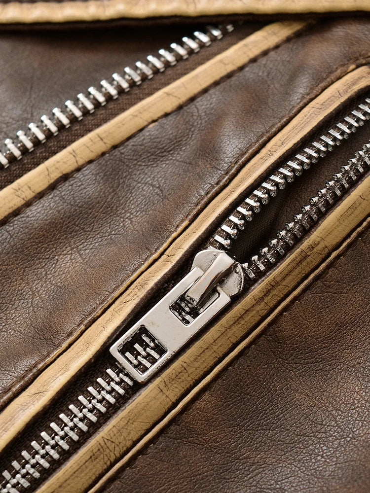 Veste en Cuir Ceinturée Femme – Style Rétro Moto Vintage Marron