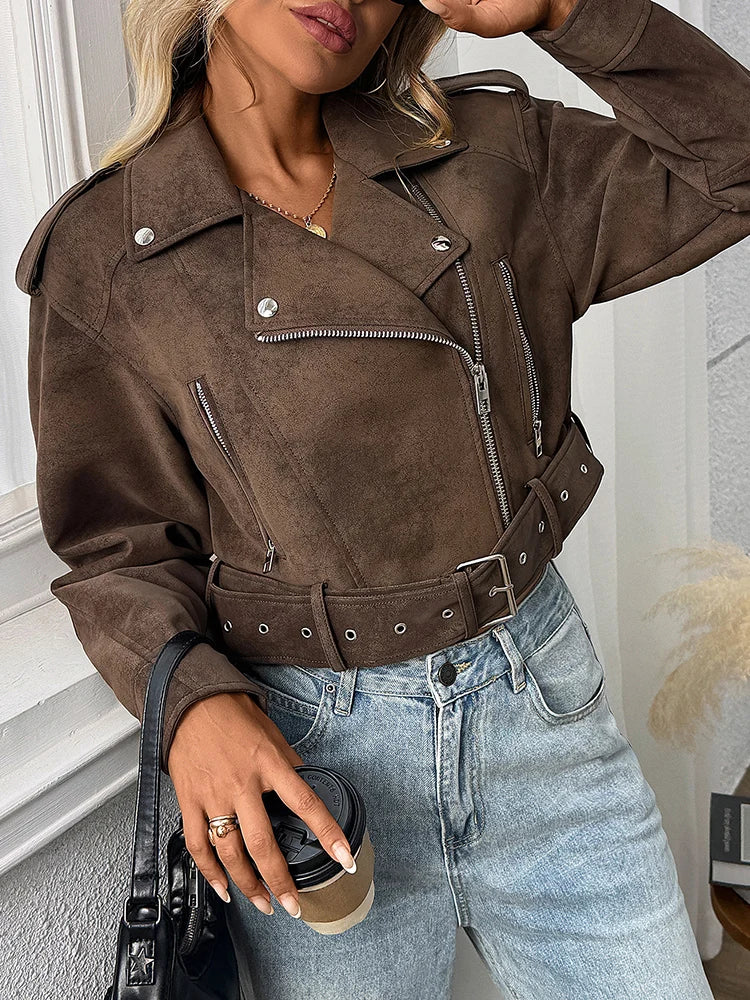 Veste en Cuir Marron Ceinturée Femme – Style Rétro Vintage