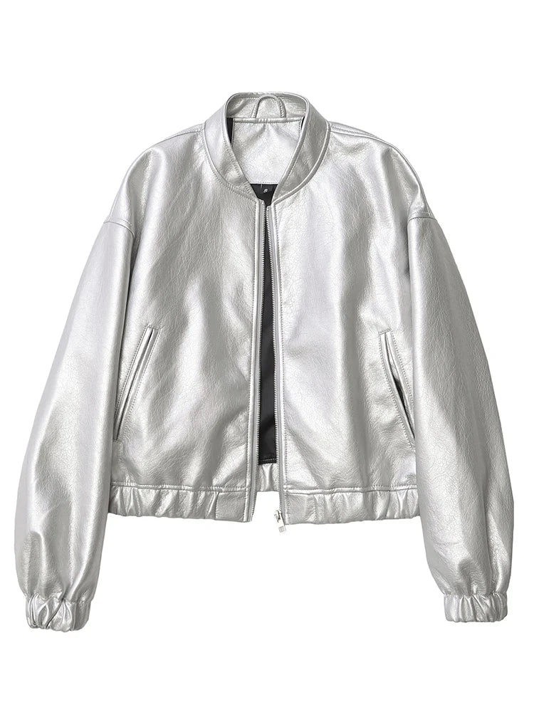 Veste en Cuir Argenté Zippé Femme – Style Biker et Streetwear