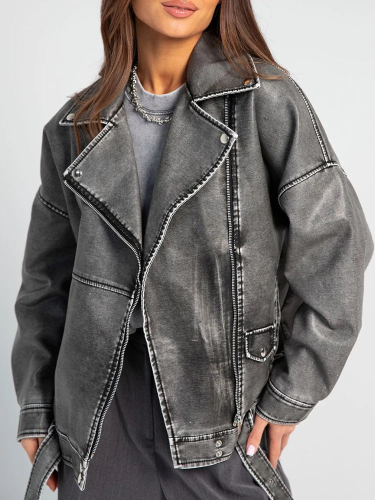 Veste en cuir gris Vintage Femme -  Oversize Style Biker