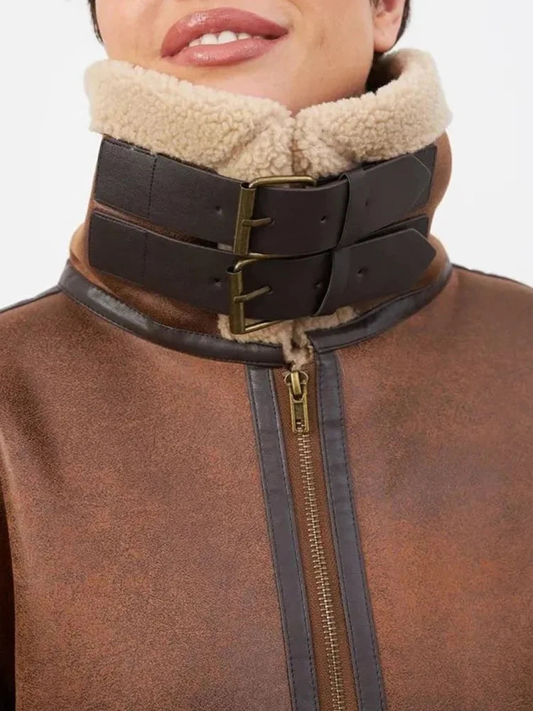 Manteau en Cuir et Fourrure Vintage Femme – Épais, Chaud et Confortable