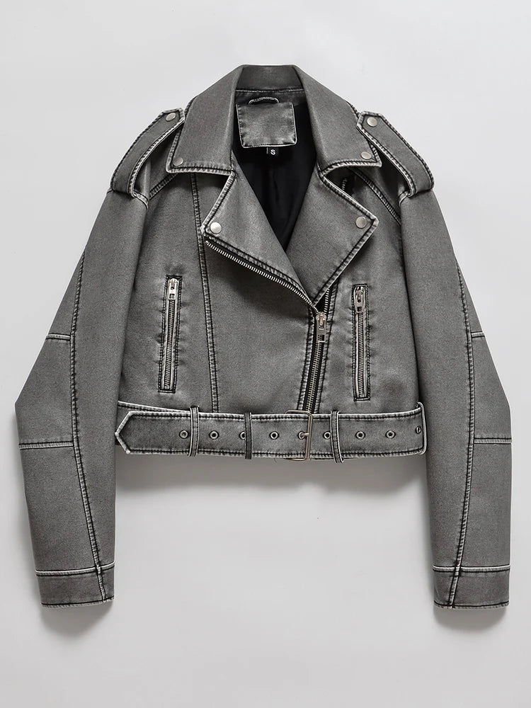Veste en Cuir Gris Vintage Zippée Femme – Style Rétro Urbain