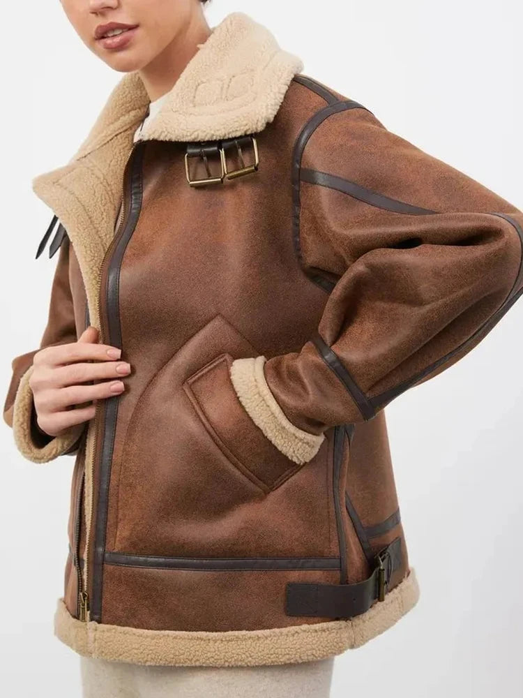 Manteau en Cuir et Fourrure Vintage Femme – Épais, Chaud et Confortable
