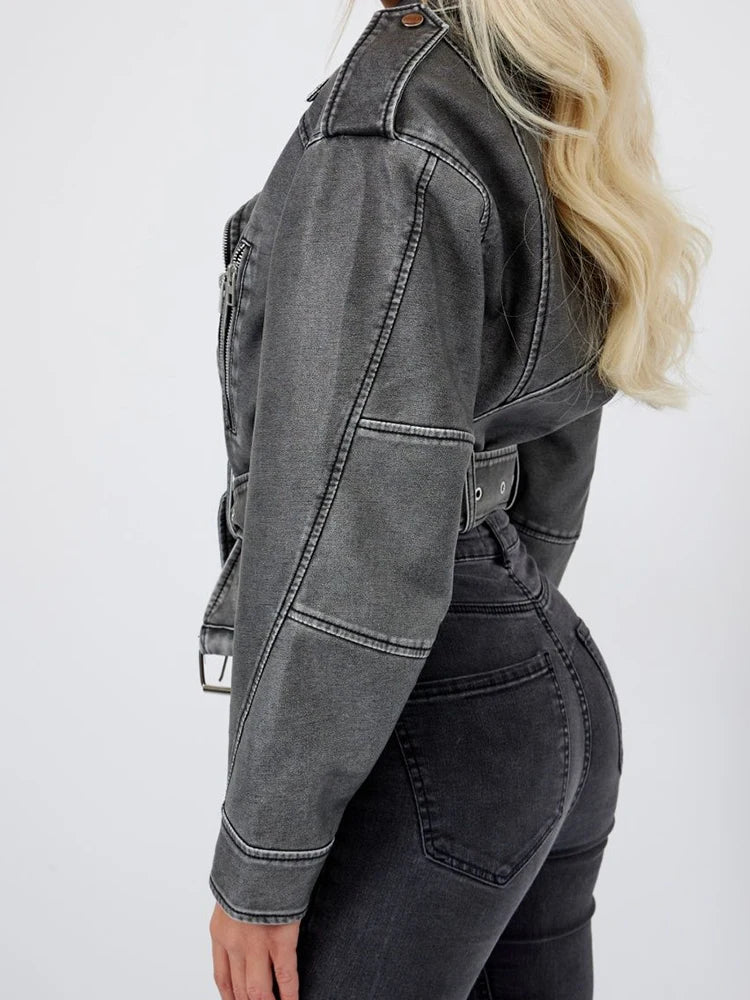 Veste en Cuir Ceinturée Femme Gris Délavé – Vintage