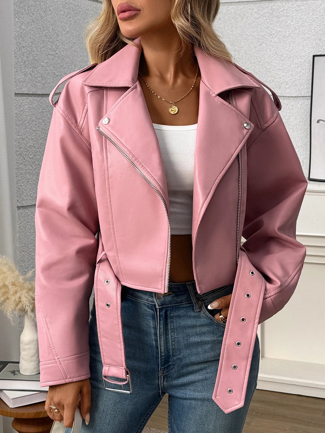 Veste en Cuir Ceinturée Femme – Style Rétro Moto Vintage