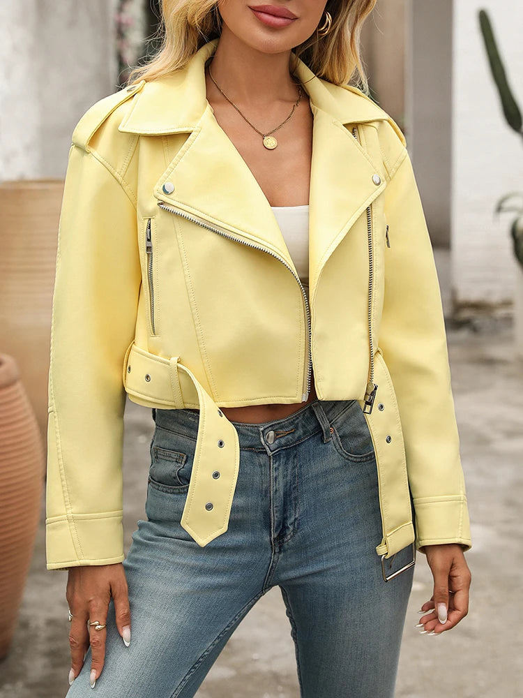 Veste en Cuir Jaune Ceinturée Femme – Style Rétro Moto Vintage