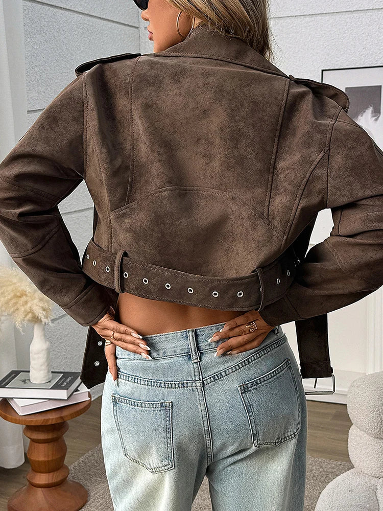 Veste en Cuir Marron Ceinturée Femme – Style Rétro Vintage