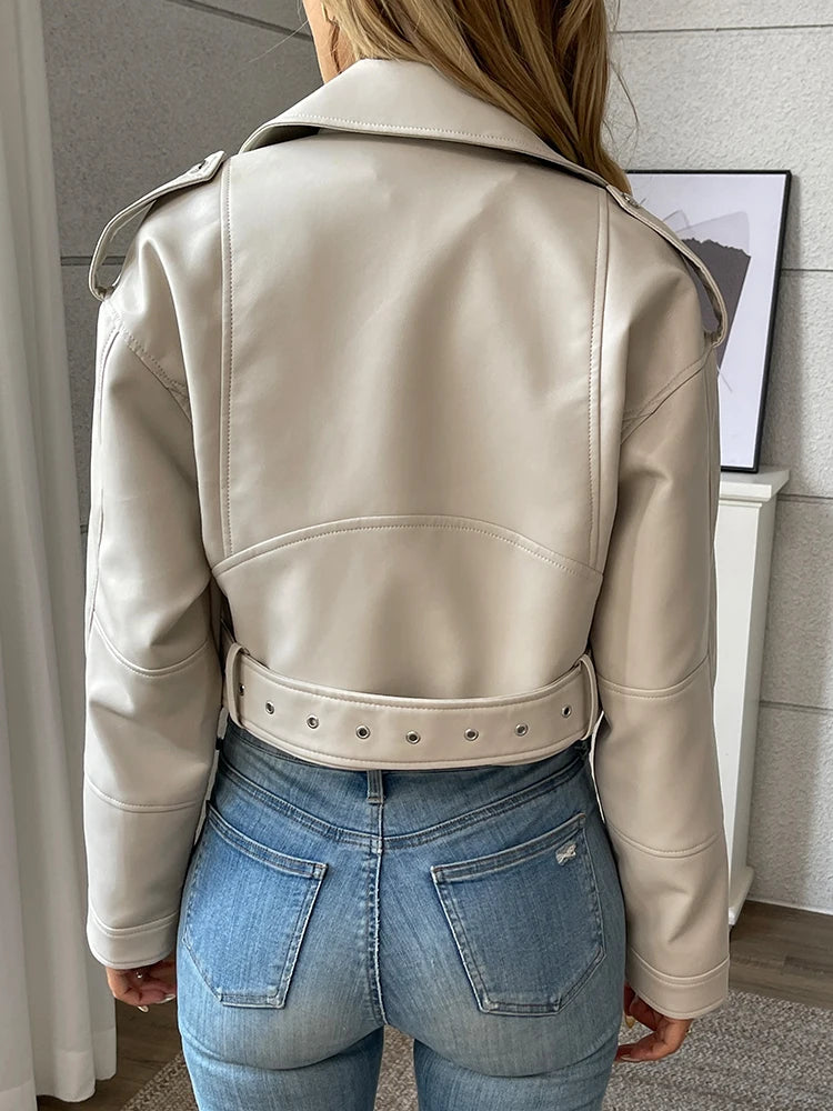 Veste en Cuir Ceinturée Femme – Style Rétro Moto Vintage Beige