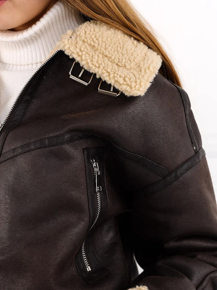 Veste Streetwear en Cuir et Fausse Fourrure Zippée pour Femme