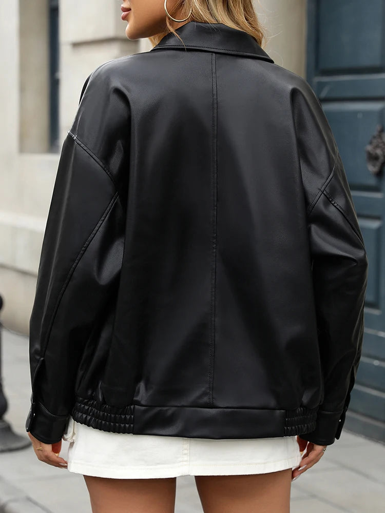 Veste en Cuir Noir Streetwear Femme  – Style Biker Zippée